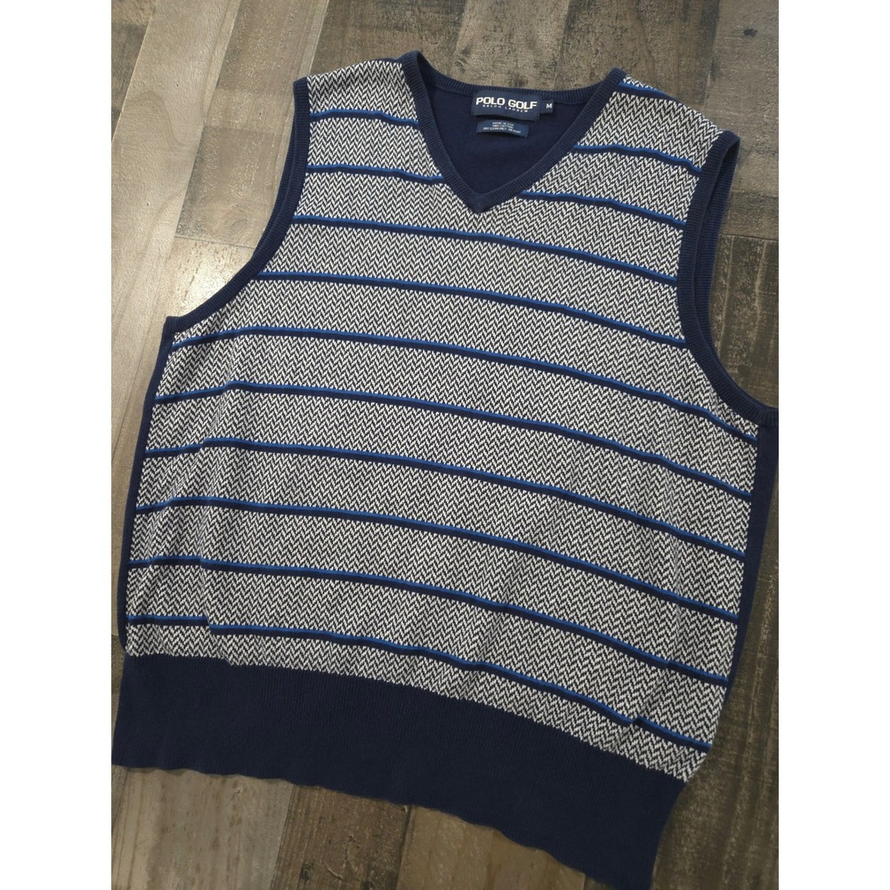 Vintage Polo Golf Ralph Lauren Sweater Vest M Striped Herringbone Navy USA Made